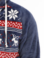 Men’s Christmas Elk And Snowflake Print Flannel Hooded Zipper Pocket Onesies Pajamas Loungewear