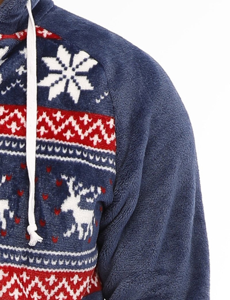 Men’s Christmas Elk And Snowflake Print Flannel Hooded Zipper Pocket Onesies Pajamas Loungewear