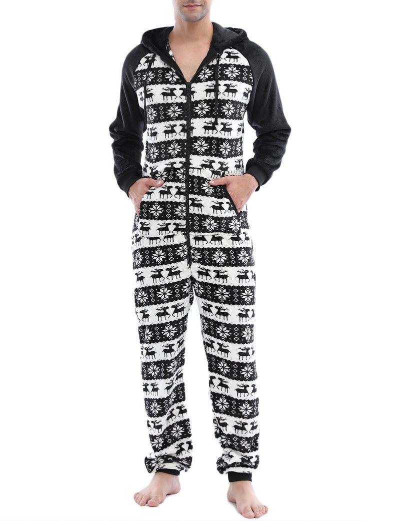 Men’s Christmas Elk And Snowflake Print Flannel Hooded Zipper Pocket Onesies Pajamas Loungewear