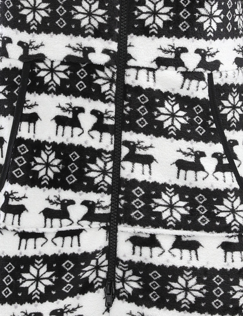 Men’s Christmas Elk And Snowflake Print Flannel Hooded Zipper Pocket Onesies Pajamas Loungewear