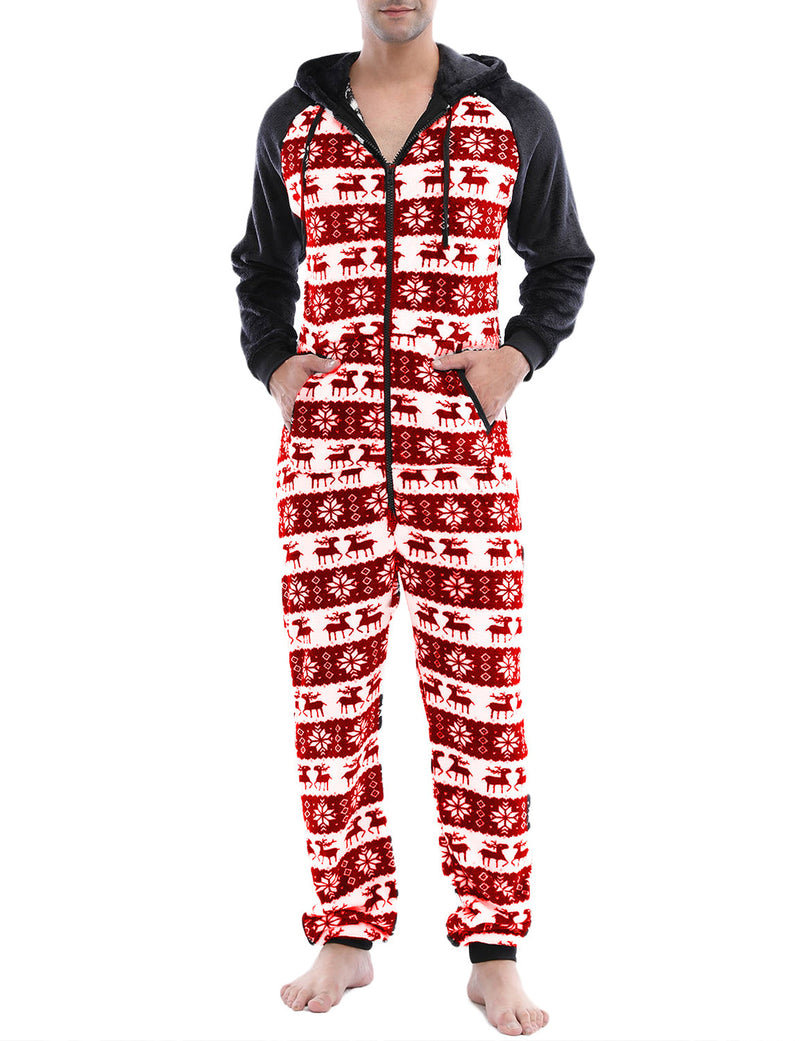 Men’s Christmas Elk And Snowflake Print Flannel Hooded Zipper Pocket Onesies Pajamas Loungewear