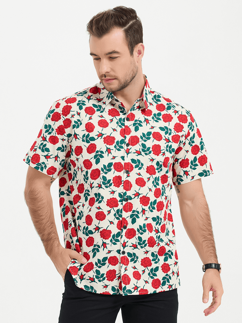 Men's Breathable Beach Summer Rose Print Cotton Button up Beige Short Sleeve Shirt