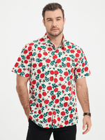 Men's Breathable Beach Summer Rose Print Cotton Button up Beige Short Sleeve Shirt