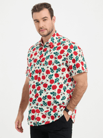 Men's Breathable Beach Summer Rose Print Cotton Button up Beige Short Sleeve Shirt