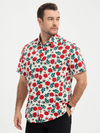Men's Breathable Beach Summer Rose Print Cotton Button up Beige Short Sleeve Shirt