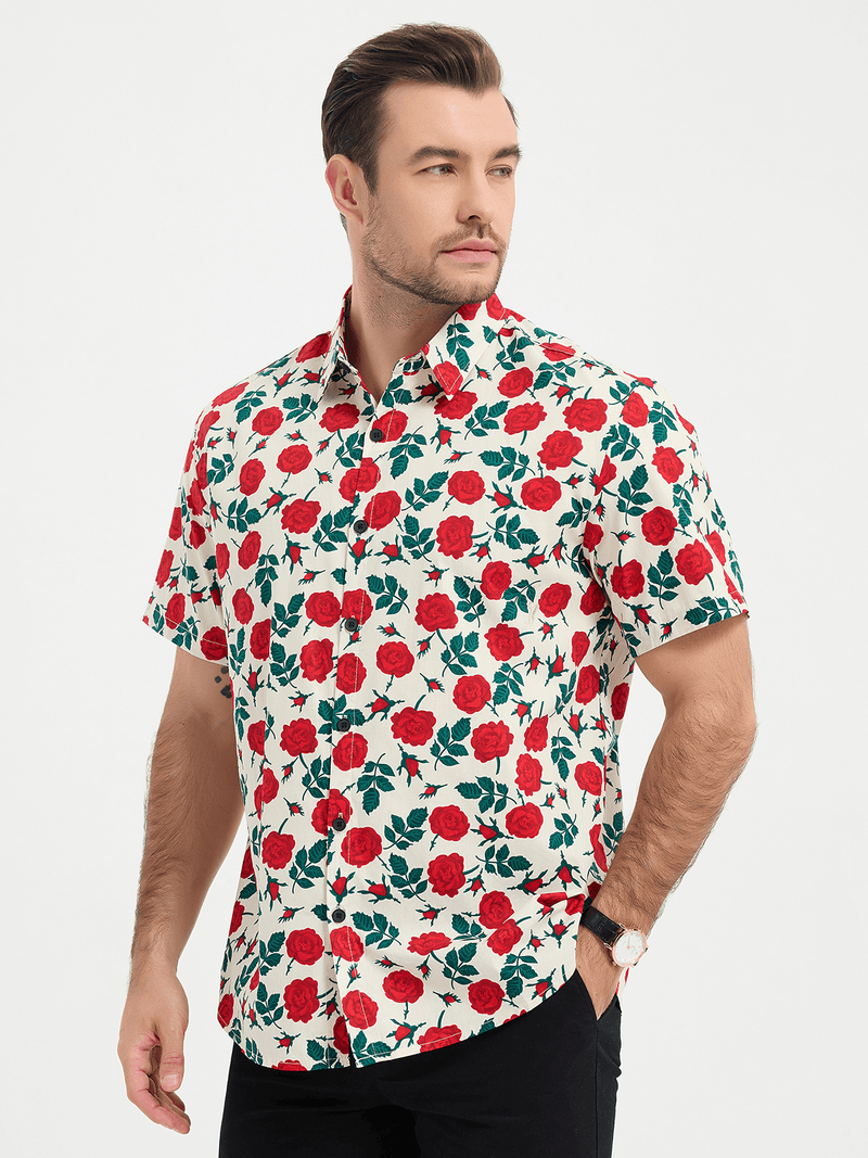 Men's Breathable Beach Summer Rose Print Cotton Button up Beige Short Sleeve Shirt