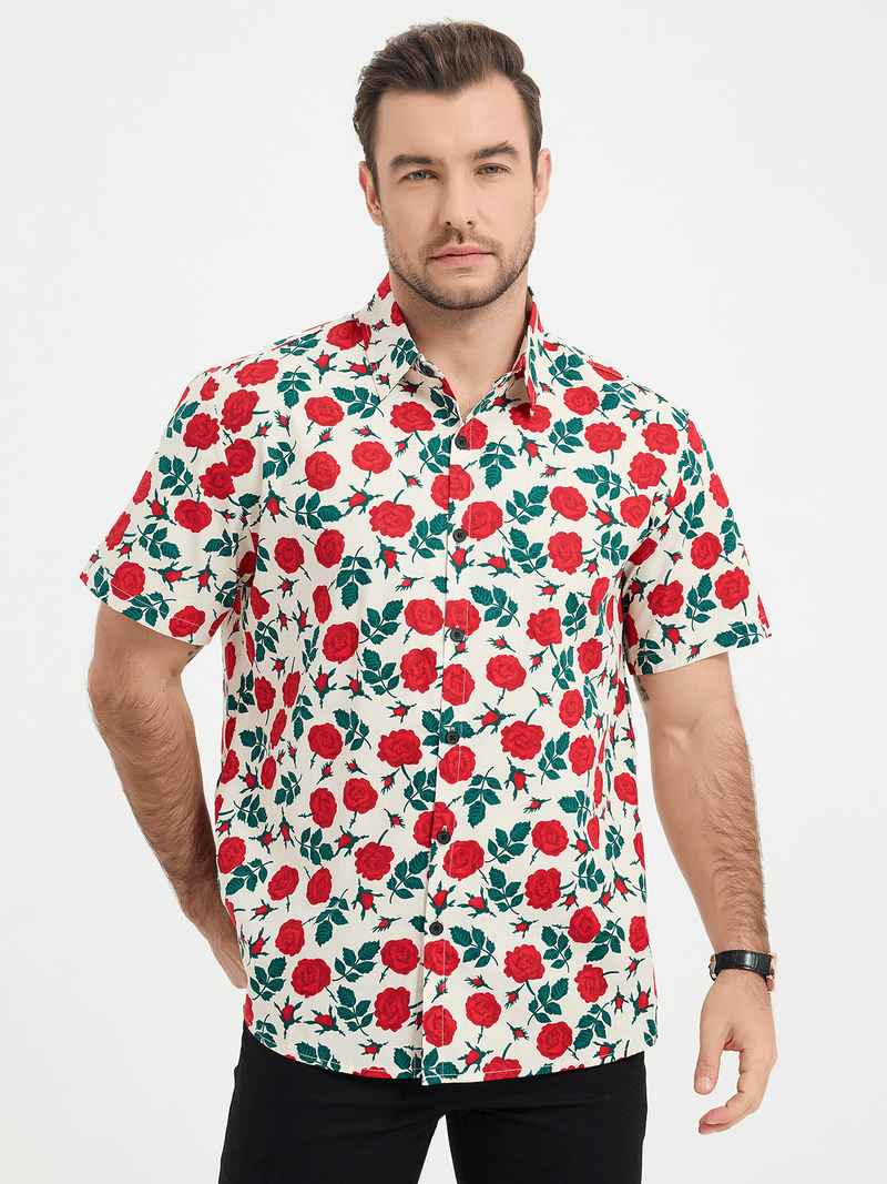 Men's Breathable Beach Summer Rose Print Cotton Button up Beige Short Sleeve Shirt