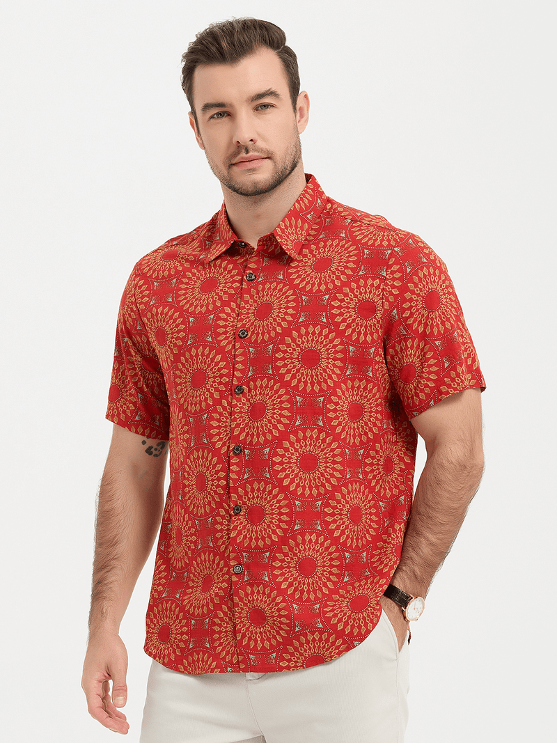 Men's Red Cotton 70s Leisure Vintage Short Sleeve Shirt