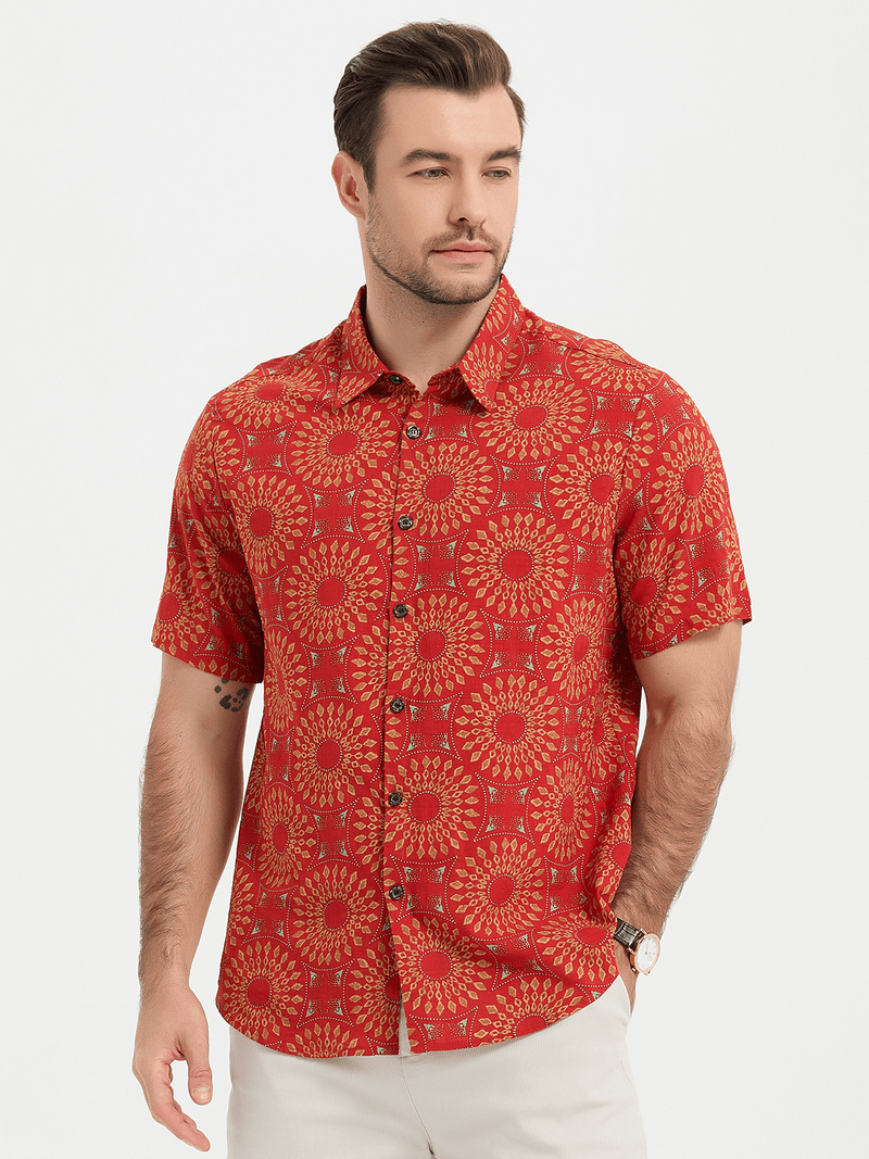 Men's Red Cotton 70s Leisure Vintage Short Sleeve Shirt