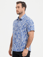 Men's Blue Tropical Leaf Print Top Cotton Button Up Short Sleeve Shirt