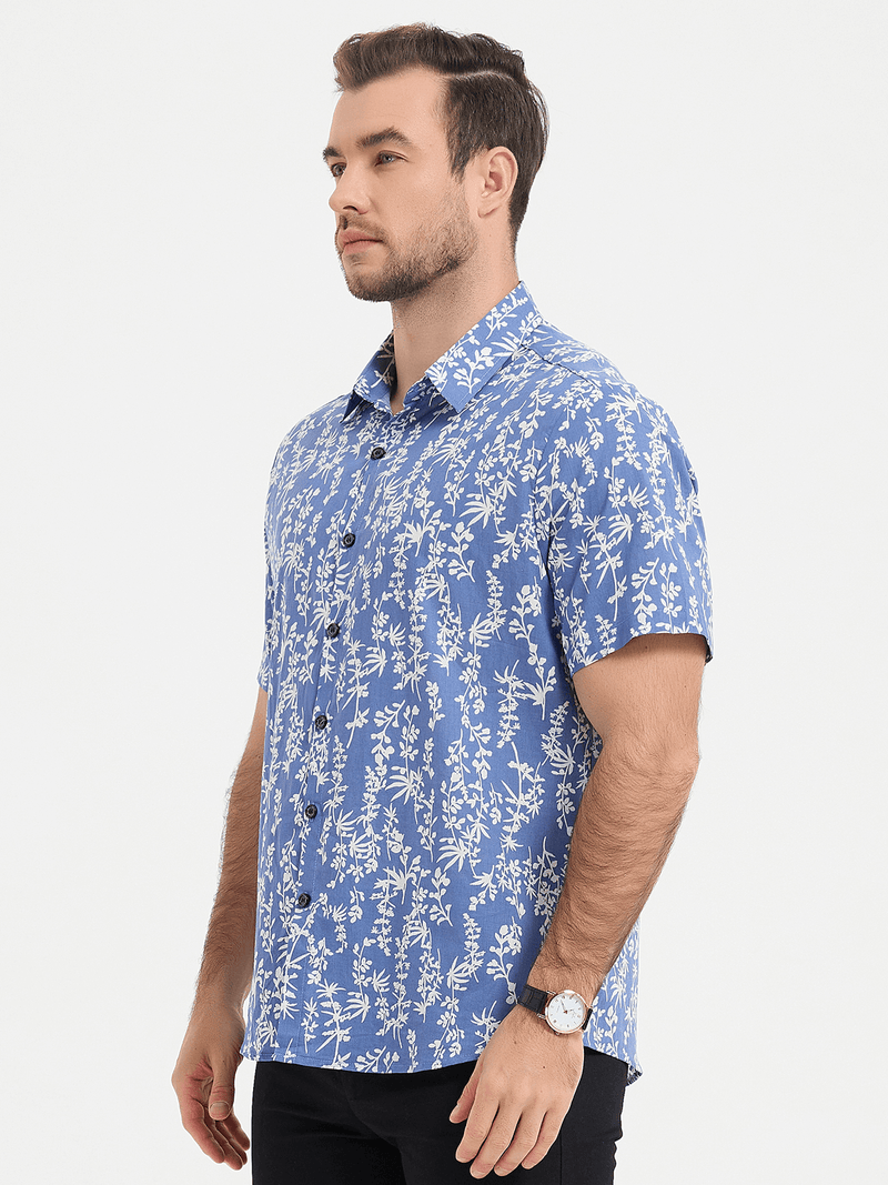 Men's Blue Tropical Leaf Print Top Cotton Button Up Short Sleeve Shirt