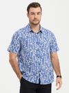 Men's Blue Tropical Leaf Print Top Cotton Button Up Short Sleeve Shirt