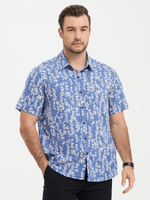 Men's Blue Tropical Leaf Print Top Cotton Button Up Short Sleeve Shirt
