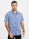 Men's Blue Tropical Leaf Print Top Cotton Button Up Short Sleeve Shirt