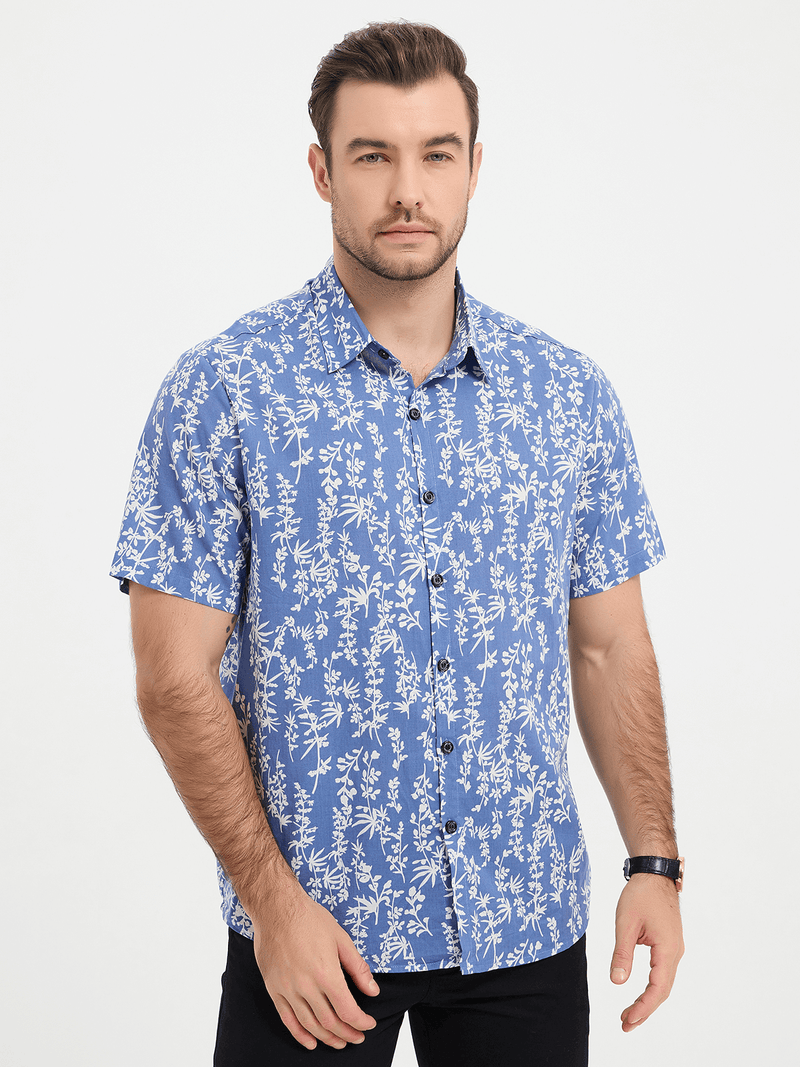 Men's Blue Tropical Leaf Print Top Cotton Button Up Short Sleeve Shirt
