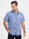 Men's Blue Tropical Leaf Print Top Cotton Button Up Short Sleeve Shirt