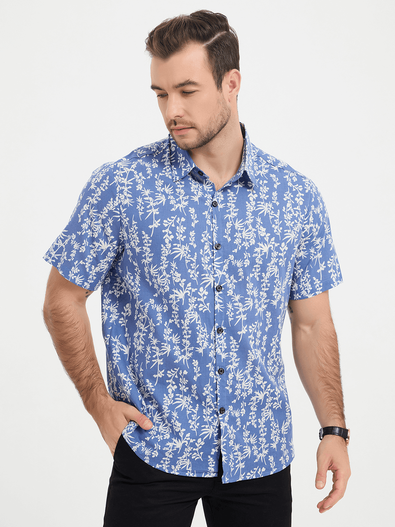 Men's Blue Tropical Leaf Print Top Cotton Button Up Short Sleeve Shirt