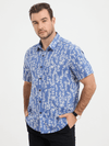 Men's Blue Tropical Leaf Print Top Cotton Button Up Short Sleeve Shirt