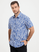 Men's Blue Tropical Leaf Print Top Cotton Button Up Short Sleeve Shirt
