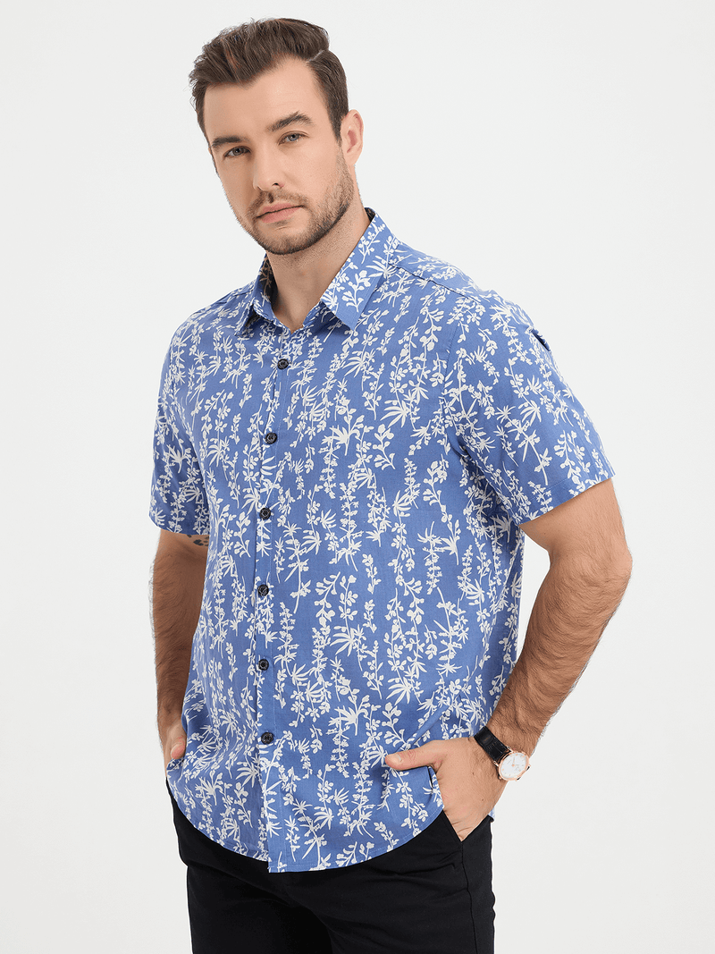 Men's Blue Tropical Leaf Print Top Cotton Button Up Short Sleeve Shirt