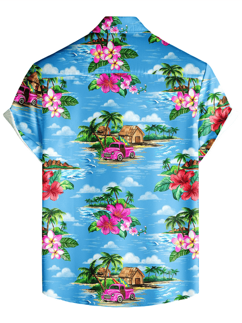Men's Happy Car Adventure Print Short Sleeve Vacation Button Up Shirt