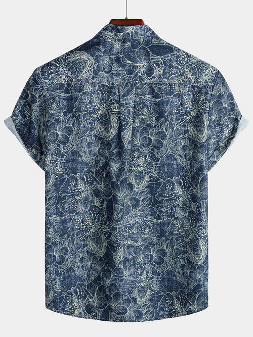 Men's Retro Floral Print Pocket Vacation Short Sleeve Vintage Flowers Navy Blue Shirt
