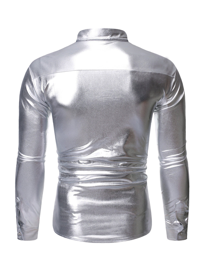 Men's Sequin Metallic Prom Party Button Long Sleeve Shirt