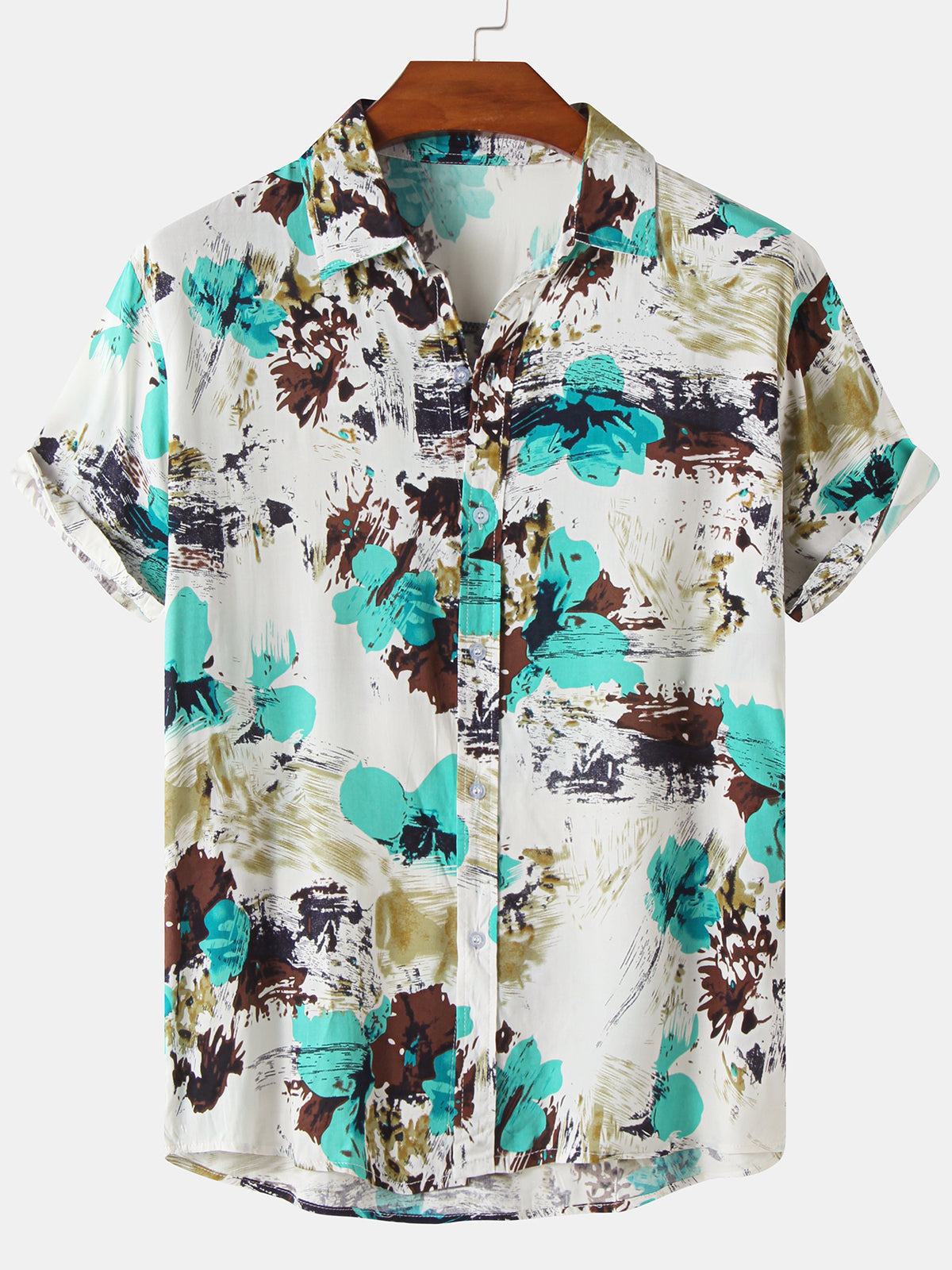 Men's Casual Vintage Floral Button Up Short Sleeve Shirt