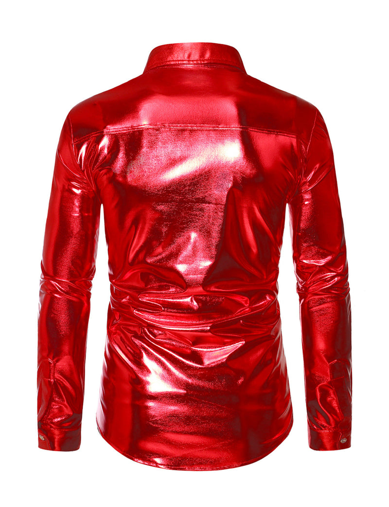 Men's Luxury Shiny Button Up Tuxedo Costume Long Sleeve Party Dress Shirt