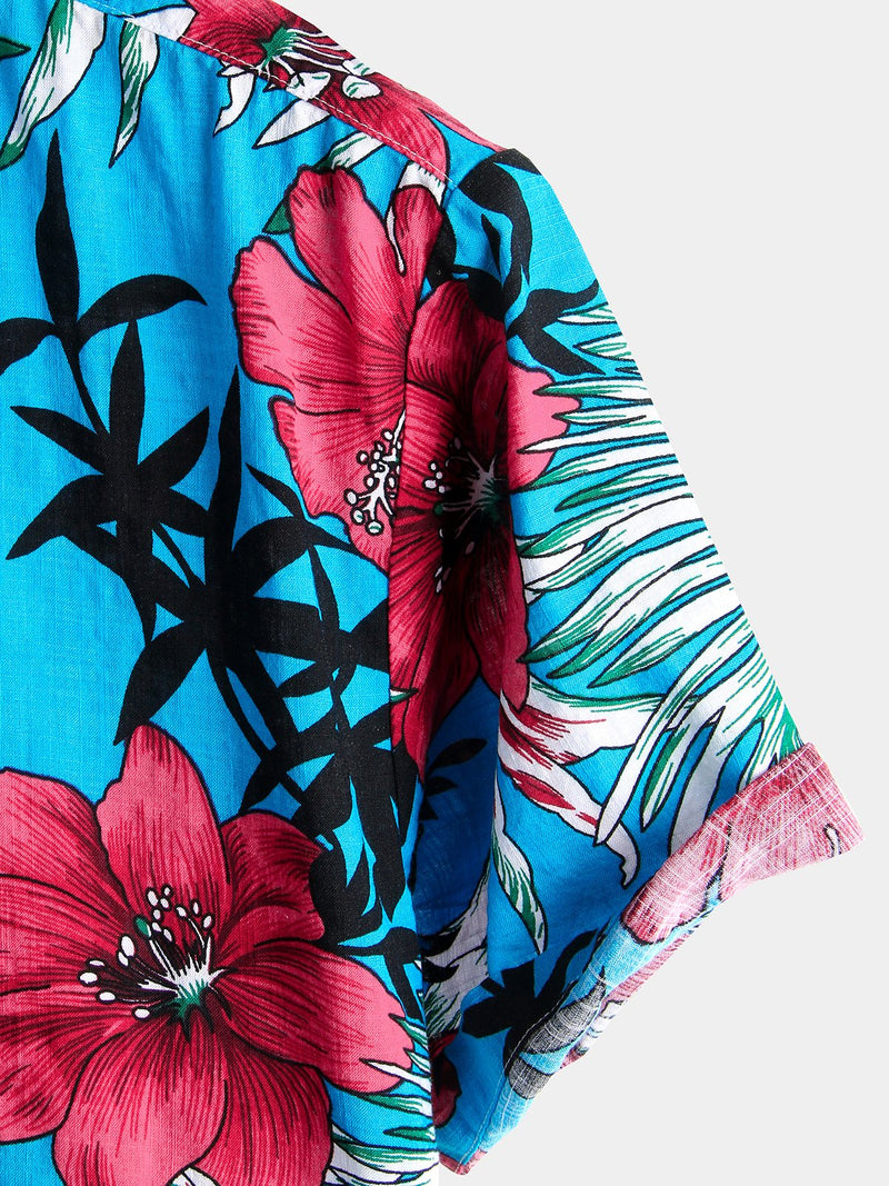 Men's Blue Flower Tropical Hawaii Cotton Short Sleeve Shirt