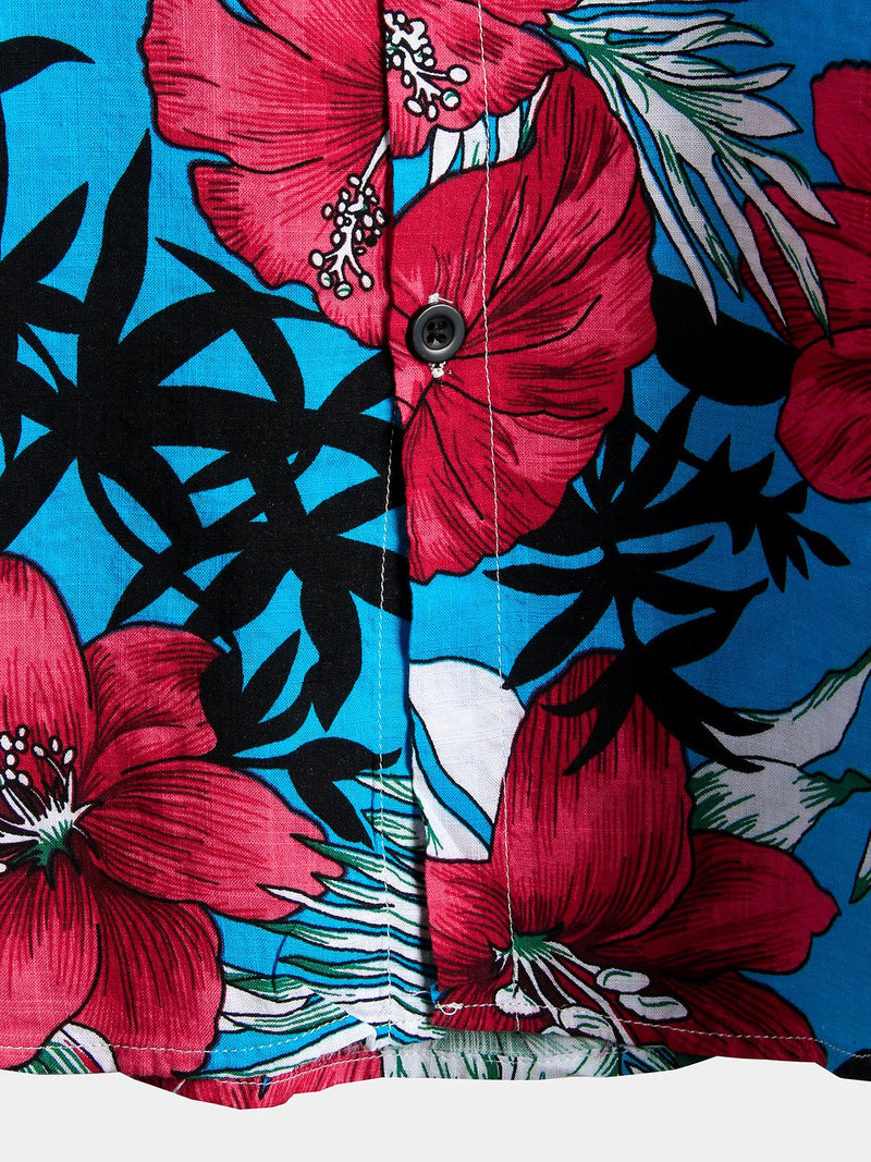 Men's Blue Flower Tropical Hawaii Cotton Short Sleeve Shirt