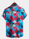 Men's Blue Flower Tropical Hawaii Cotton Short Sleeve Shirt