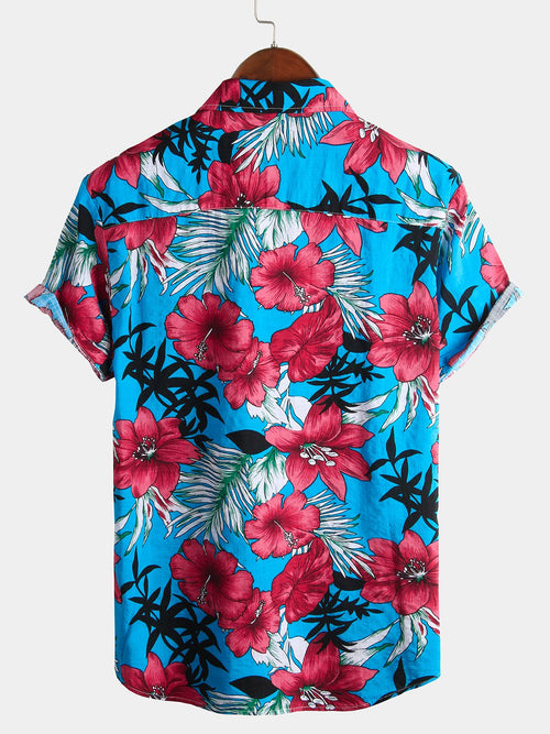 Men's Blue Flower Tropical Hawaii Cotton Short Sleeve Shirt