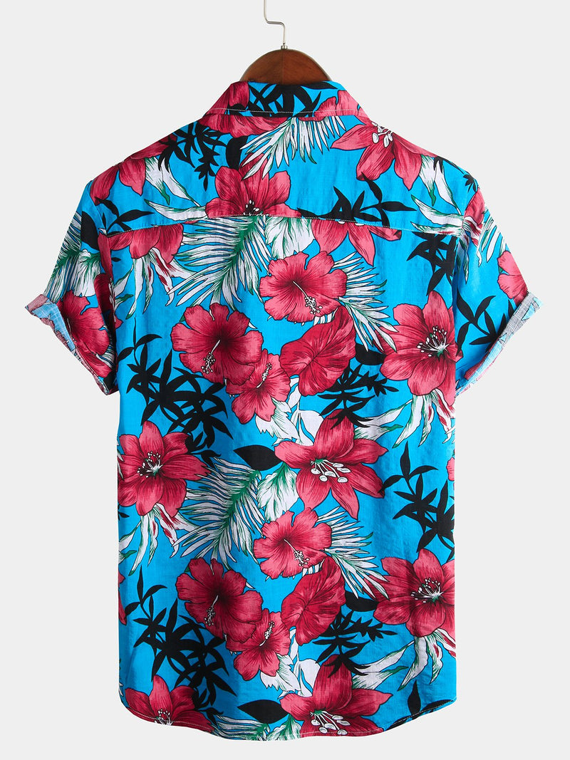 Men's Blue Flower Tropical Hawaii Cotton Short Sleeve Shirt