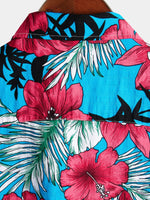 Men's Blue Flower Tropical Hawaii Cotton Short Sleeve Shirt