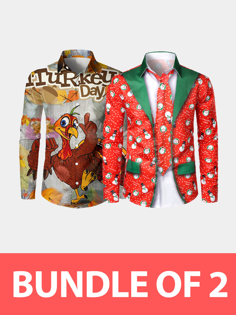 Bundle Of 2|Men's Printed Regular Fit Festive Long Sleeve Shirt
