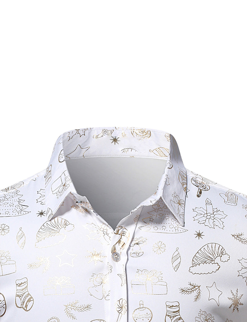 Men's Christmas Gold Print Holiday Party Button Up Short Sleeve Shirt