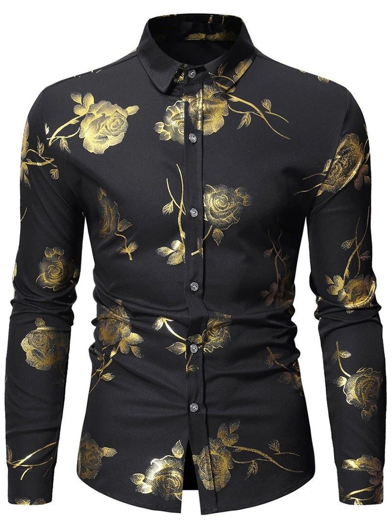 Men's Rose Print Casual Long Sleeve Shirts