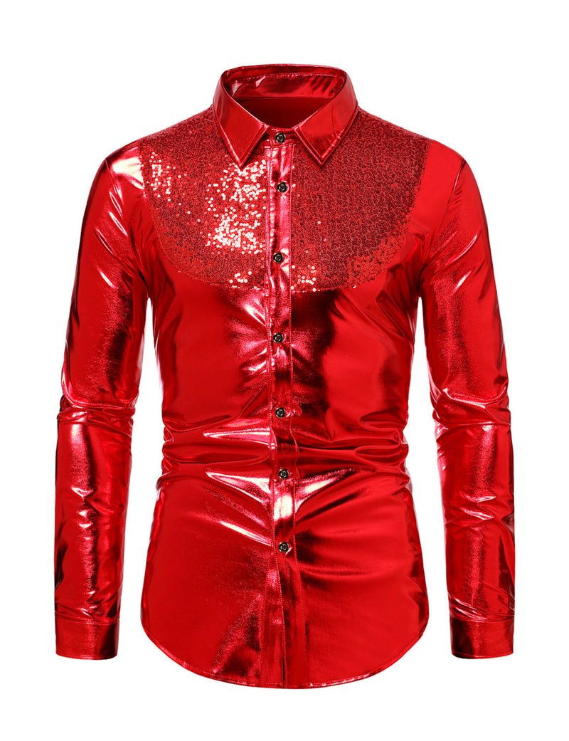 Men's Luxury Shiny Button Up Tuxedo Costume Long Sleeve Party Dress Shirt