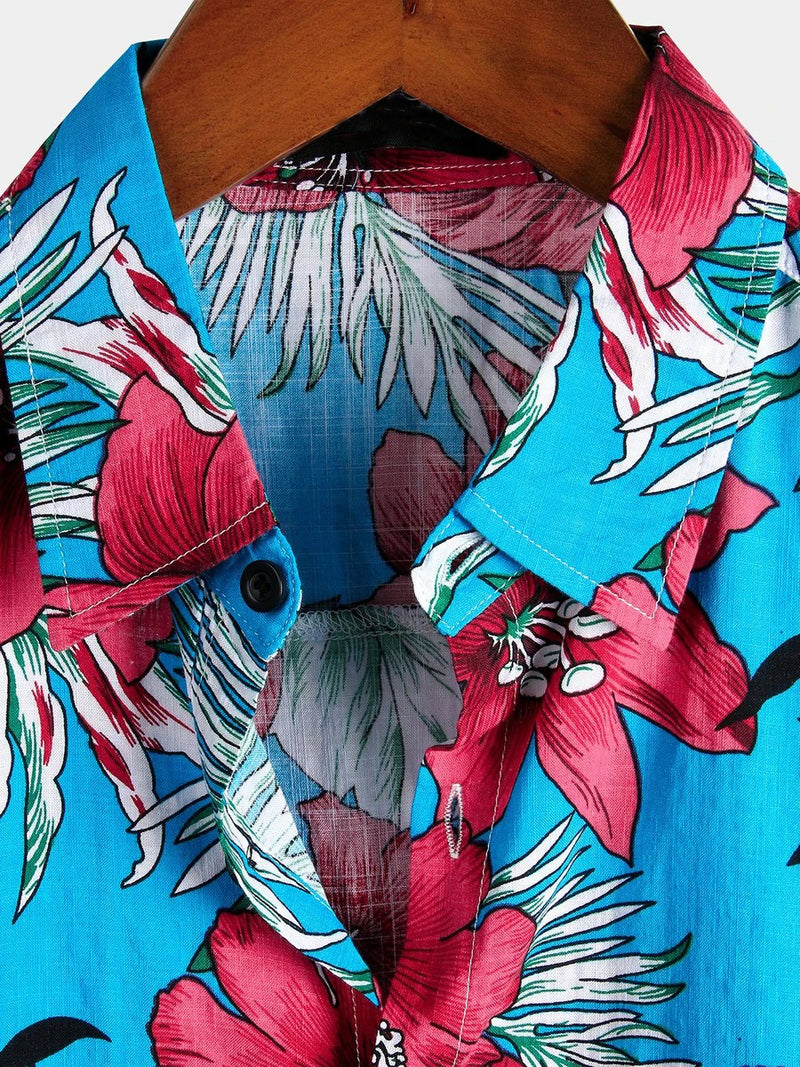 Men's Blue Flower Tropical Hawaii Cotton Short Sleeve Shirt