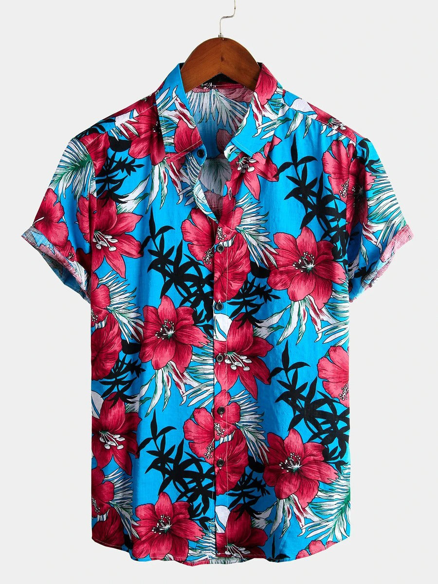 Men's Blue Flower Tropical Hawaii Cotton Short Sleeve Shirt