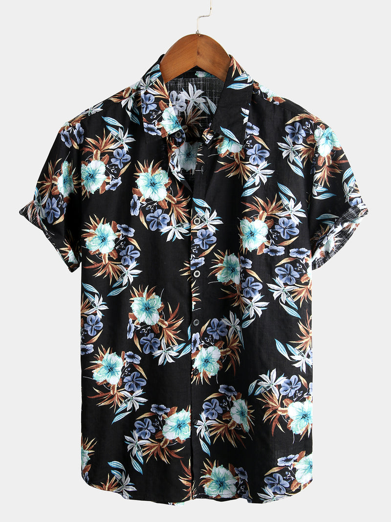 Men's Floral Cotton Tropical Hawaiian Black Short Sleeve Shirt