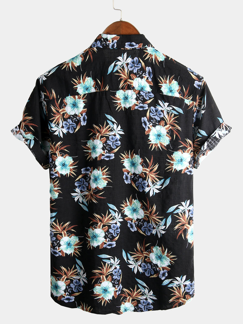 Men's Floral Cotton Tropical Hawaiian Black Short Sleeve Shirt