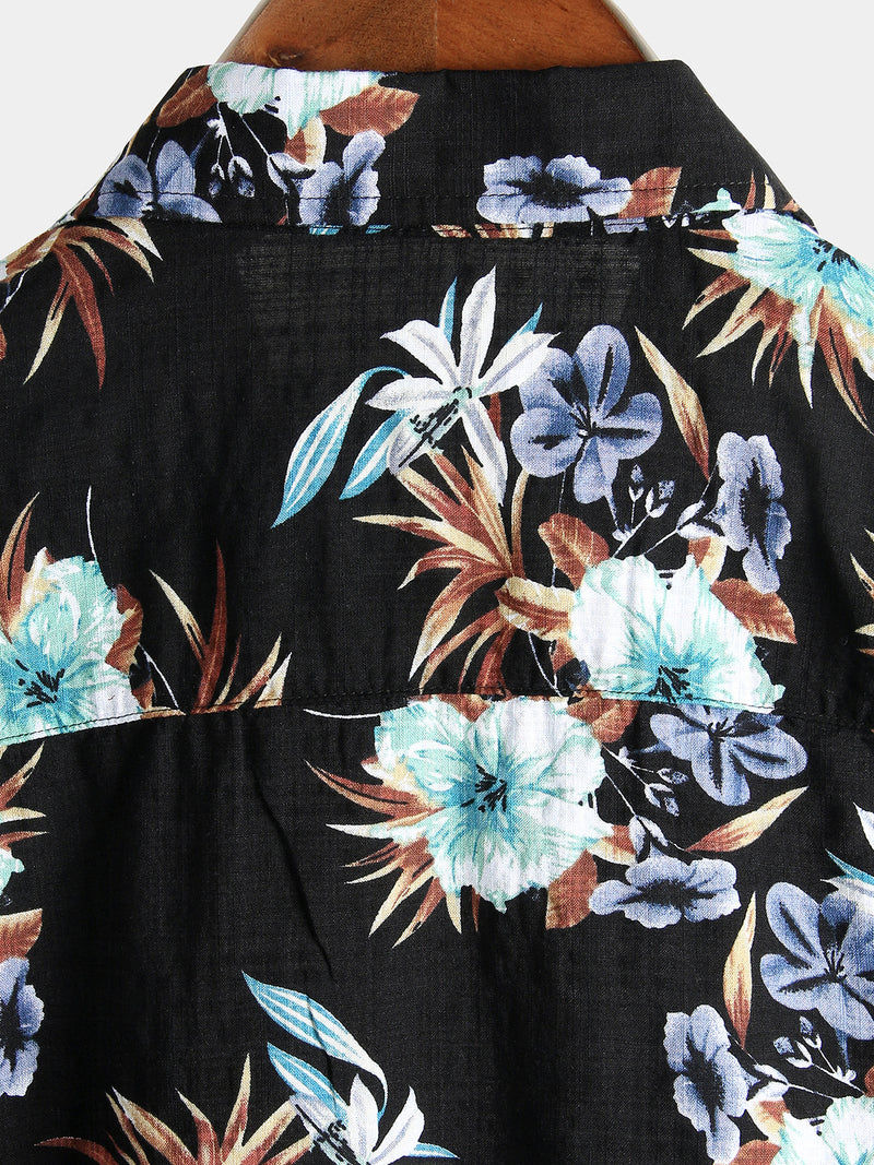 Men's Floral Cotton Tropical Hawaiian Black Short Sleeve Shirt