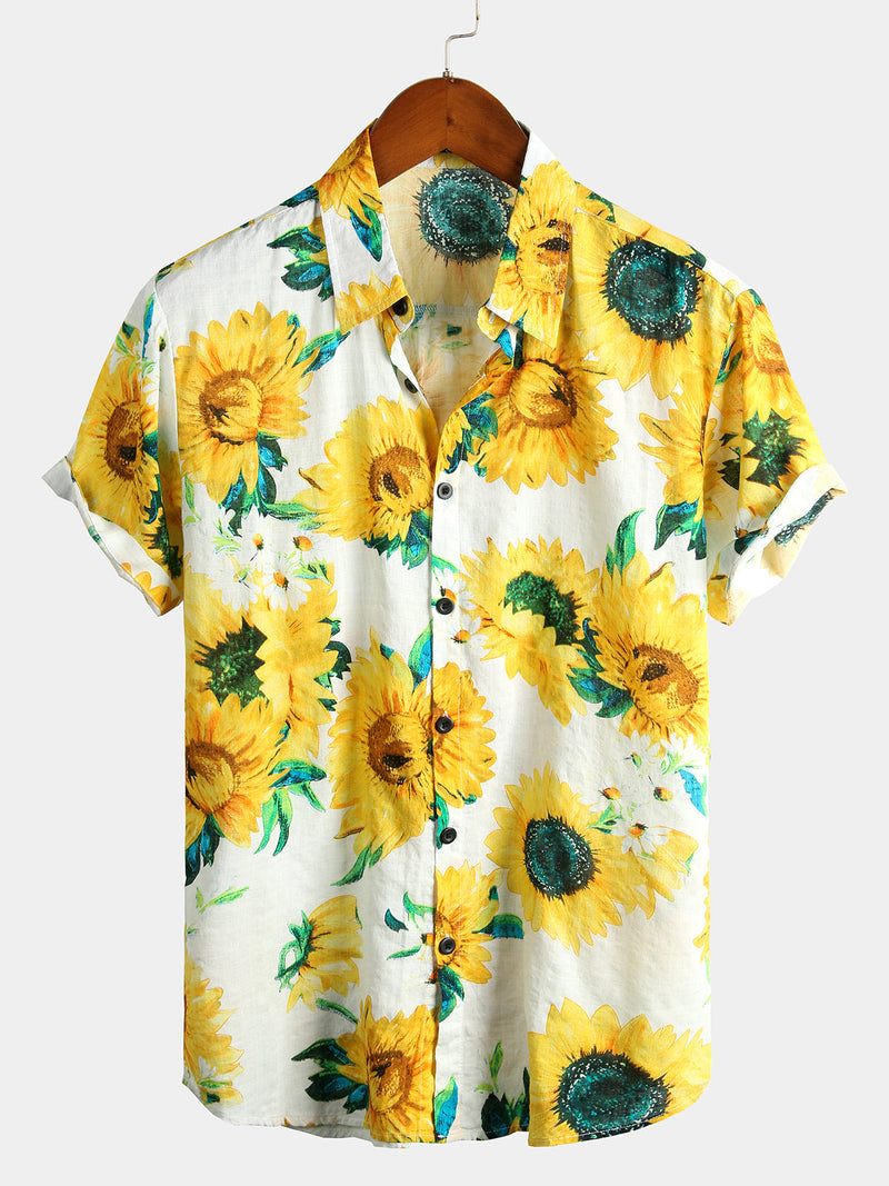 Men's Sunflower Print Short Sleeve Hawaiian Shirt