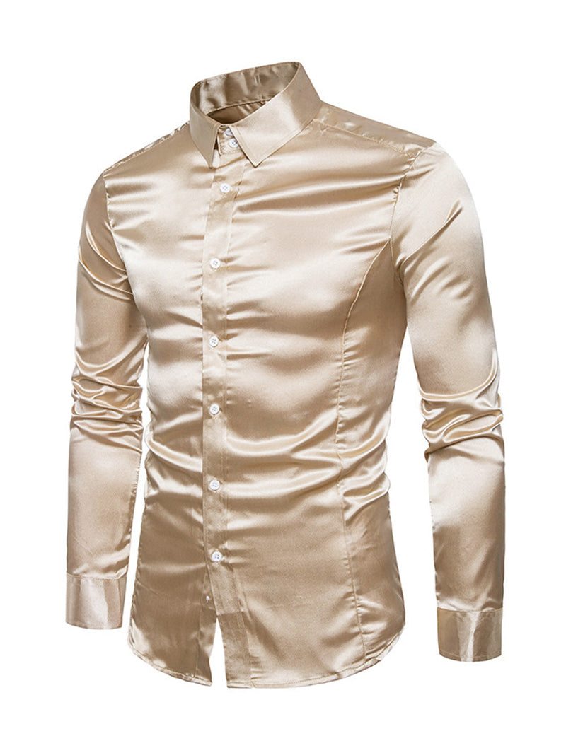 Men's Satin Smooth Button Up Tuxedo Long Sleeve Party Dress Shirt