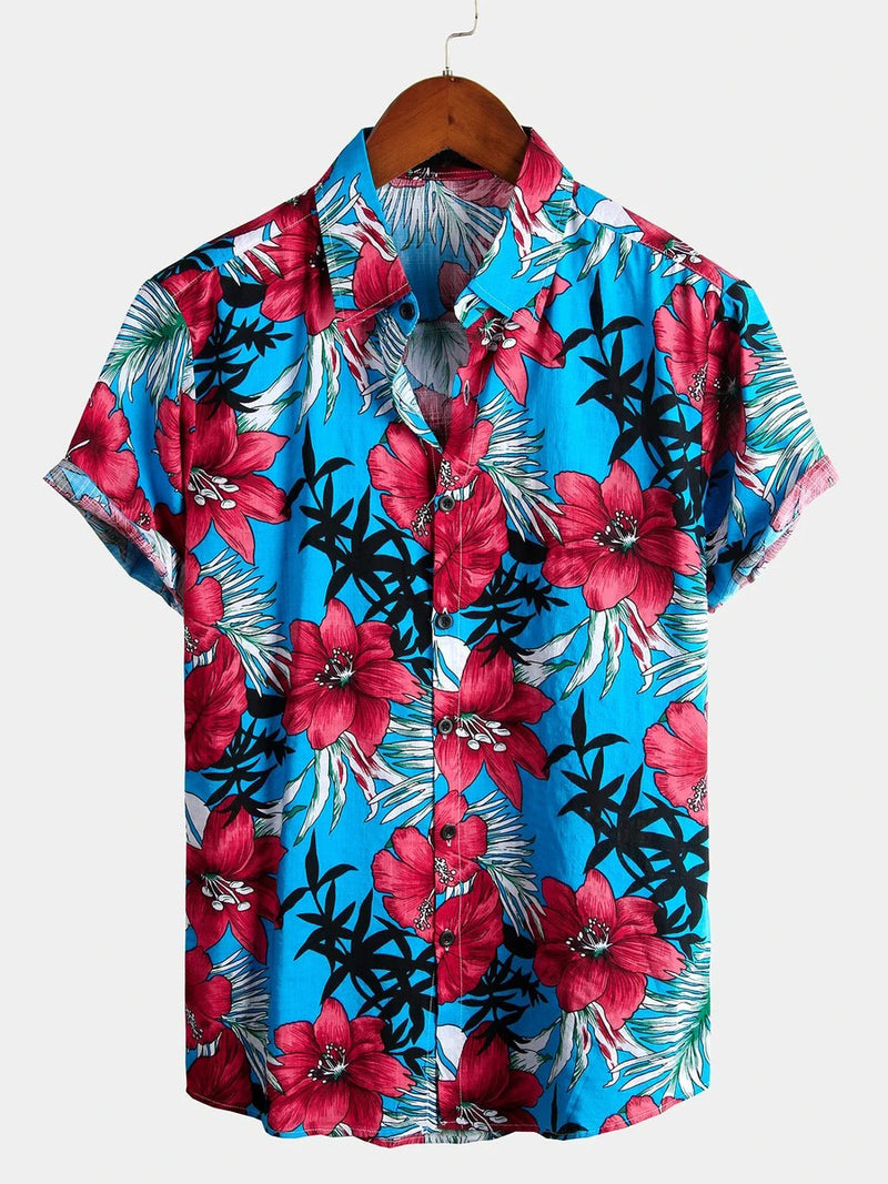 Men's Blue Flower Tropical Hawaii Cotton Short Sleeve Shirt