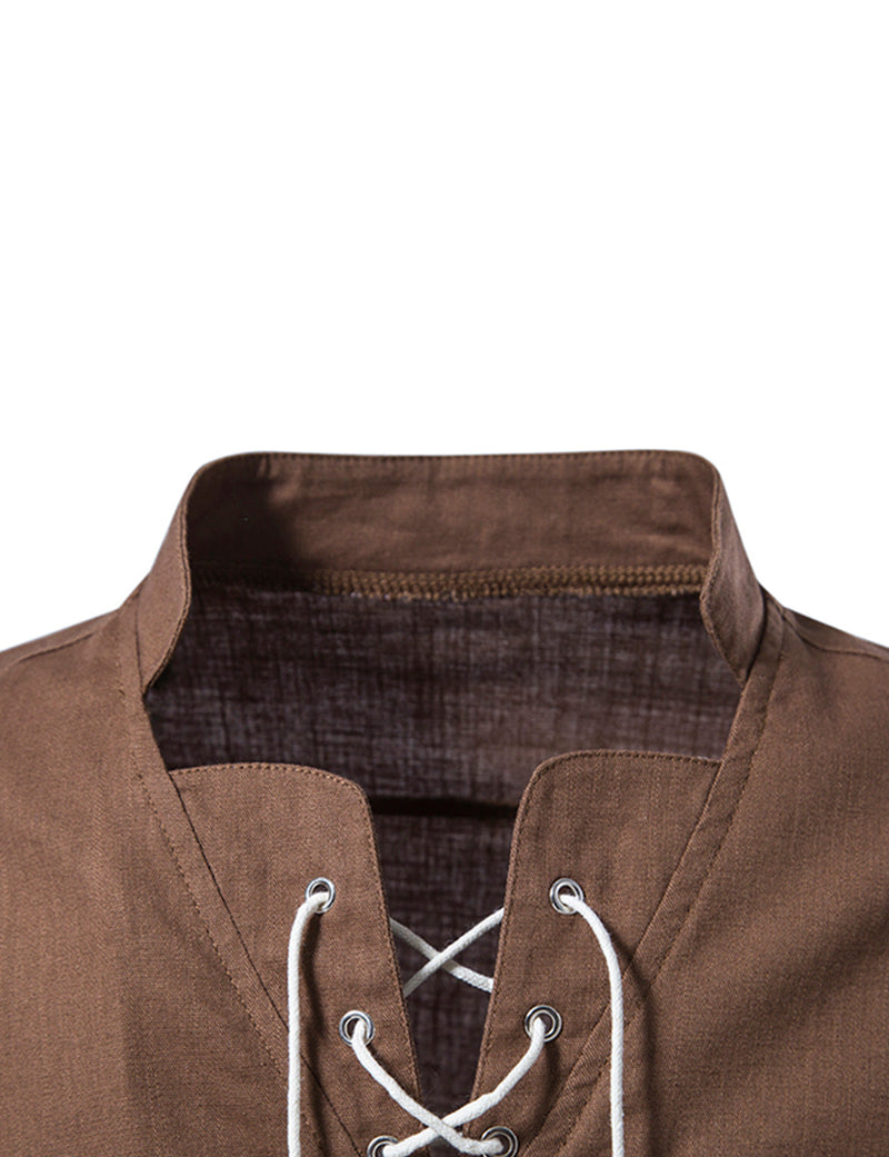 Men's Casual Henley Retro Lace Up Cotton Long Sleeve Shirt Drawstring Top