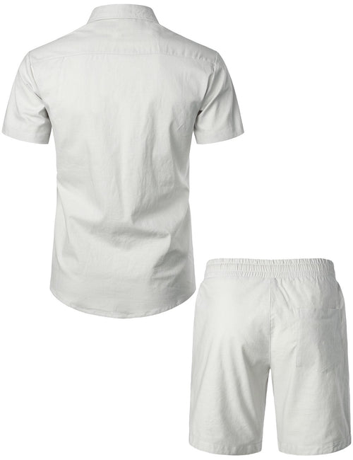 Men's Solid Color Linen Cotton Pocket Short Sleeve Shirts&Shorts