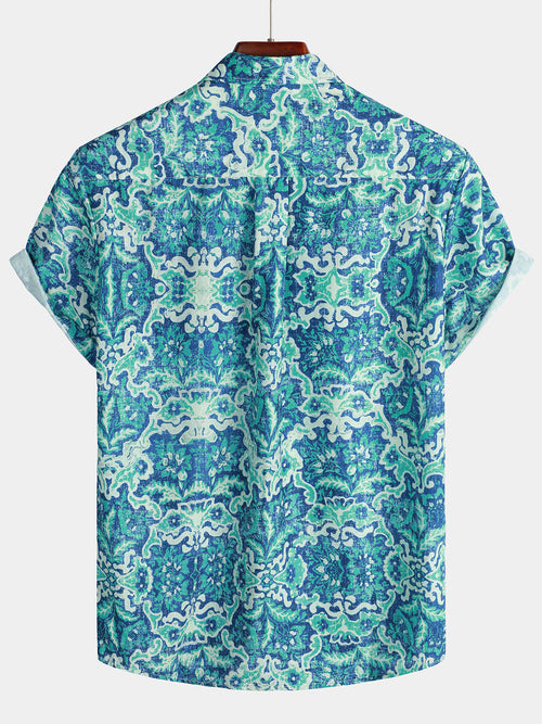 Men's Vintage Print Tropical Pocket Holiday Beach Cruise Button Up Short Sleeve Blue Hawaiian Shirt